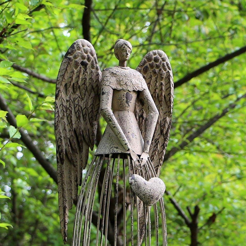 Attraction Design Antiqued Metal Garden Angel Statue with Heart, Indoor Outdoor Angel Yard Art Decor Lawn Patio Decorations Holiday Decor Garden Present Idea, 32"H - Image 4